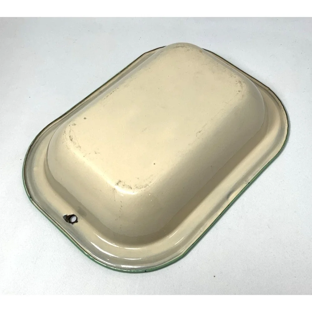 Enamelware Pan Beige Small Green Trim Farmhouse‎ Cottagecore 9.5